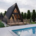Premium pakette alüminyum doğrama, Thermowood doğal ahşap kaplama ve kenet çatı sistemiyle yüksek yalıtım performansı ve modern görünüm ön plandadır. Doğa ile bütünleşen estetik detaylar lüksü yansıtır.   loft celik ev disardan gorunum 150x150
