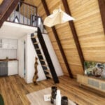 Açık mutfak ve salonun basamaklarla görseli.   loft ev ic goruntu 150x150
