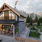 çift katlı modern çelik villanın bahçeli üstten görünüm yerleşim planı   celik ev soldan gorunum 150x150