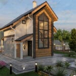 Sol açıdan görünen giriş cephesiyle modern mimariye sahip çift katlı çelik villa   dubleks ev giris 150x150