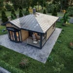 Bahçeli tek katlı modern çelik evin kuşbakışı görünümü   celik villa cati 150x150