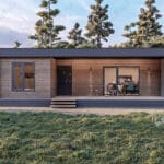 Modern tek katlı çelik villa ön cepheden görünüm – ahşap cephe kaplamalı, antrasit veranda çerçeveli dış tasarım.   tek katli celik villa 1 150x150
