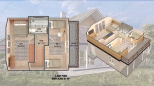 Çelik villa için hazırlanmış birinci kat plan yerleşim görseli.   1