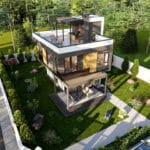 İki katlı modern çelik villanın ön cephesi ve bahçe düzenlemesi   celik villa kose gorunum 150x150
