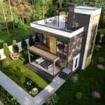 Modern çelik villanın üstten bakış açısıyla ön cephe görünümü   celik villa ustten gorunum 150x150