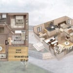97 m² 3+1 Çelik Villa Planı ve 3D Yerleşim Görseli   tek katli celik ev plani 150x150