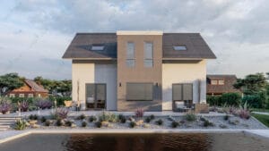 Bahçeye açılan verandalı çelik villa arka cephesi   celik ev 300x169