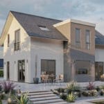 Çift katlı çelik villanın modern giriş cephesi   celik villa 150x150