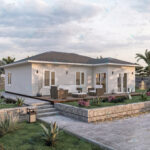 Tek katlı modern çelik villa, yan cepheden giriş ve bahçe düzenlemesiyle birlikte.   celik villa giris yan cephe 150x150