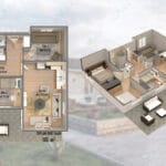 110 m² 4+1 tek katlı çelik villanın 2D ve 3D zemin plan görseli.   celik villa zemin plan 150x150