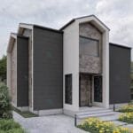 Çift katlı çelik villanın giriş cephesinin yan açıdan görünümü çok katlı çelik villa Çift Katlı Çelik Villa  178 m² 3+1 celik ev giris yan acisi 150x150