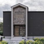 Çift katlı çelik villanın modern giriş cephesi çok katlı çelik villa Çift Katlı Çelik Villa  178 m² 3+1 celik villa giris 150x150