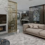 Çelik villada salon ve mutfağın birlikte yer aldığı açık plan yaşam alanı çok katlı çelik villa Çift Katlı Çelik Villa  178 m² 3+1 salon mutfak gorunumu 150x150