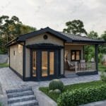 Tek katlı çelik evin arka cephesi ve çevre düzenlemesi tek katlı çelik villa Tek Katlı Çelik Villa  65 m² 2+1 celik ev giris 150x150