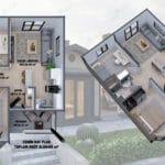 2+1 tek katlı çelik evin 65 m² zemin kat planı – salon, mutfak, 2 yatak odası ve veranda içeren kompakt yaşam alanı   modern ev plani 150x150