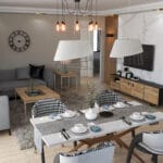 Modern tek katlı çelik villanın salon ve yemek bölümü iç mekan görseli.   tek katli celik ev salon 150x150