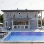 Havuz kenarından 250 m² modern çelik villanın arka cephe görünümü   celik villa havuz gorunum 150x150