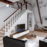 Loft kata çıkan merdivenli iç mekan tasarımı   celik villa salon loft 150x150