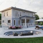 250 m² çift katlı çelik villa projesinin genel bahçe ve havuz alanından görünümü   cok katli celik villa uzaktan gorunum 150x150