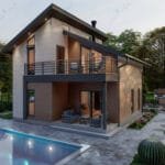 Çelik villa havuz ve bahçeyle görüntüsü. modern mimari çelik villa Çift Katlı Çelik Villa  133 m² 4+1 luks celik villa 150x150