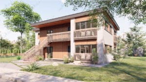 Ahşap kaplamalı simetrik ön cepheye sahip modern çelik villa yapısı   VV2M10 1560 31 Gorsel 1 300x169