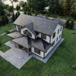 Kuşbakışı görünümle modern çelik villanın çatı yapısı, bahçesi ve genel plan yerleşimi   celik ev cati cephe 1 150x150
