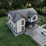 yukarıdan bakıldığında çelik villanın çatı yapısı ve genel yerleşimi net bir şekilde görülüyor. 252 m² brüt alana sahip bu 5+1 villa, geniş bahçesiyle doğayla uyum içinde konumlandırılmıştır. Etiketler: çelik villa çatı planı, üstten görünüm villa, 5+1 çelik ev planı, geniş bahçeli villa, modern çelik yapı görünümü   modern celik ev 3 150x150