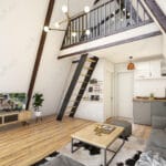 Açık mutfakla birleşen yüksek tavanlı salon alanı; loft katlı yaşam tarzını yansıtan iç mimari örneği.   icmekan celik villa 150x150