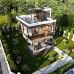 Teras katlı iki katlı modern çelik villanın üstten kuşbakışı görünümü   celik villa ust perspektif 150x150