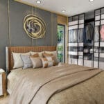 Modern çelik villanın şık tasarımlı yatak odası ve giyinme dolabı görünümü   celik villa yatak odasi 1 150x150