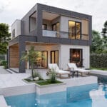 Çift katlı çelik villanın yandan dış cephe görünümü   celik villa bahceden gorunum 1 150x150