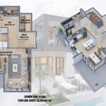 Çift katlı çelik villanın oturma odası, mutfak ve yatak odası içeren zemin kat planı   zemin kat plani 150x150
