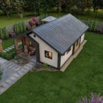 Çelik villanın yan cephesi ve peyzaj düzenlemesi   tek katli celik villa 150x150